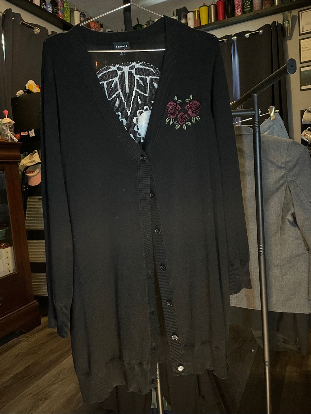 torrid Black Cardigan with Rose/Skull Embroidery